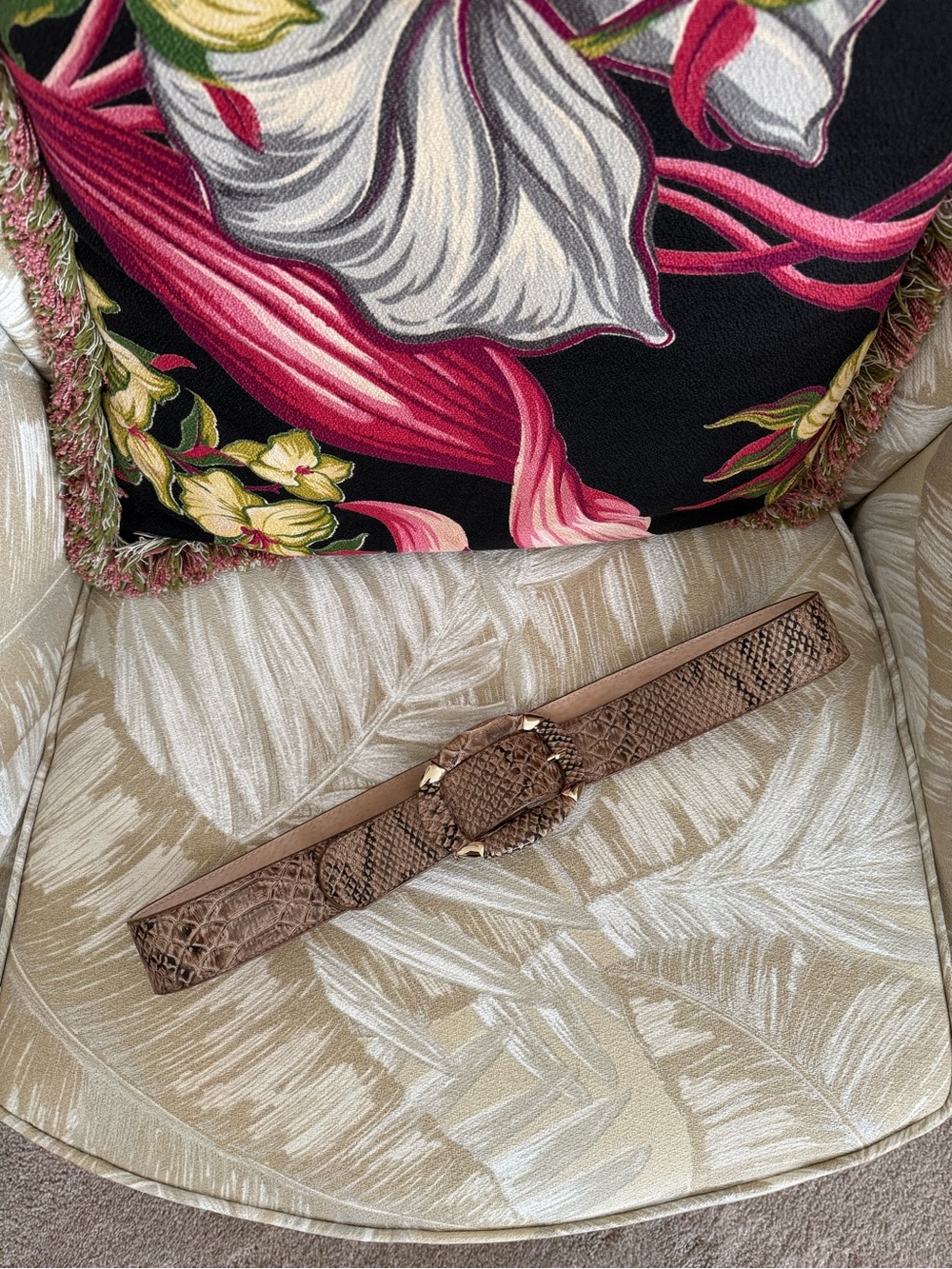 Via Spiga Brown Faux Snakeskin Waist Belt with Decorative Round Buckle